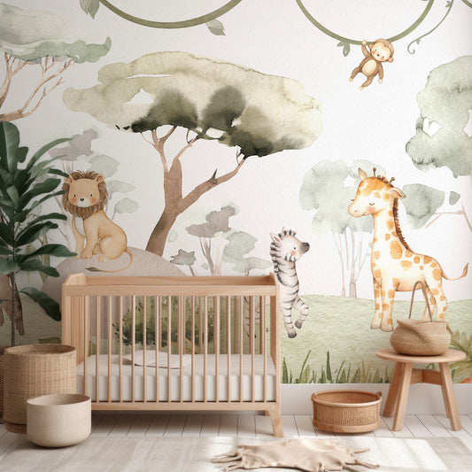 Serengeti Friends Wallpaper In Nursery With Wooden Crib And Green Plant And Wooden Stools