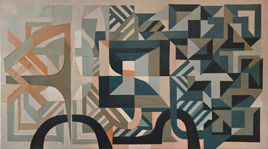 Abstract geometric pattern with interlocking shapes in earthy tones on a textured surface.