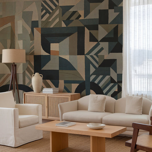 Living room with geometric patterned wall, beige sofa, and wooden coffee table.