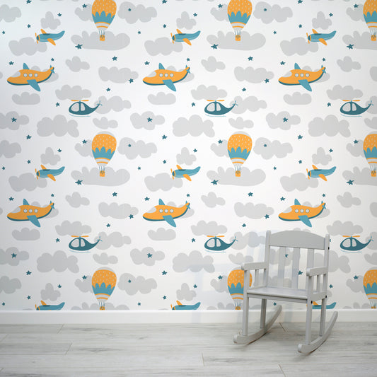Sky Adventures Airplanes and Clouds Kid's Pattern Wallpaper Mural with Child's Chair