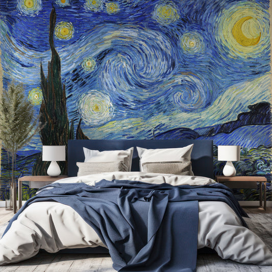 Starry Night By Van Gogh Wallpaper In Bedroom With Navy Blue Bed And Large Green Plant