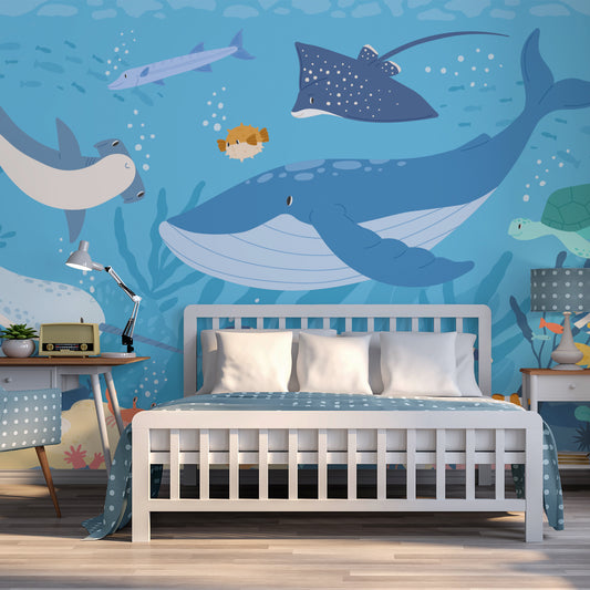 Submerged Fantasia Original in children's bedroom with white bed with blue bedding with desk and corner table next to the bed