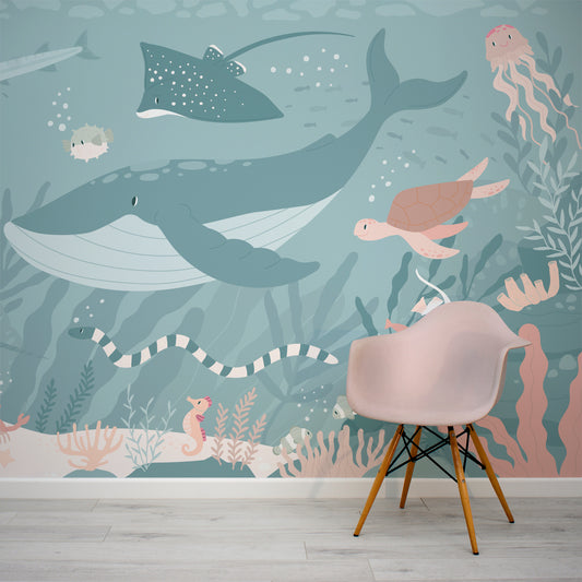 Submerged Fantasia Wallpaper with pink chair in front of the wallpaper