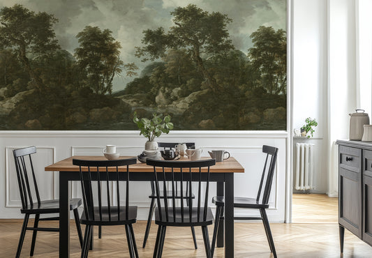 Sylvia Wallpaper in a Dining area with wooden table and black chairs, large landscape painting on the wall.