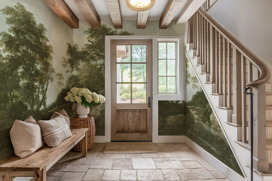 Sylvia Wallpaper in a Staircase and entryway with wooden bench, floral arrangement, and large wall mural of a garden.