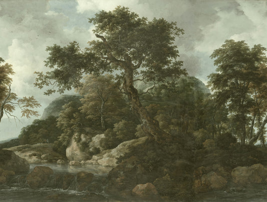 Sylvia Wallpaper Landscape with trees, rocks, and a body of water under a cloudy sky.