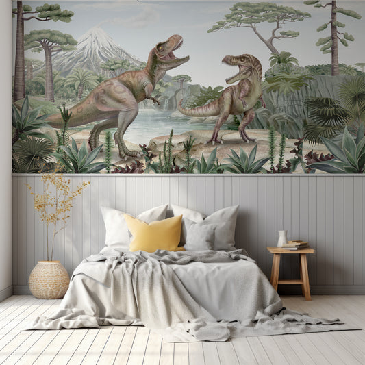 Terrific T-Rex Wallpaper In Children's Bedroom With Grey Panelled Wall With Grey Bed & Yellow Cushion