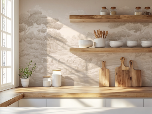 Modern kitchen with wooden shelves and white cabinets, featuring kitchen utensils and decor.