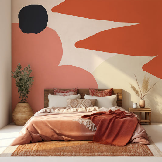 Tia Wallpaper In Bedroom With Red Bedding On Large Dark Wooden Bedframe