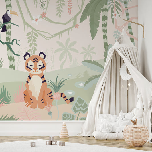Tiger Pastel Jungle Wallpaper In White Themed Nursery