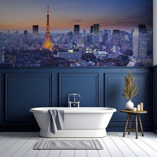 Tokyo Tower Wallpaper In Bathroom With Half Navy Panelled Wall and White Wall As Well As Bathtub