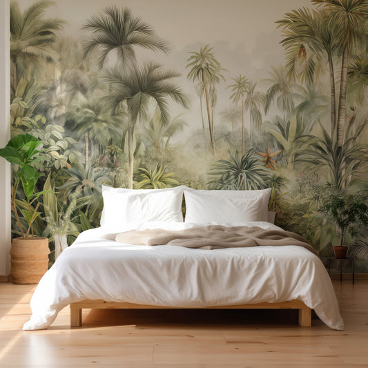 Tranquil Treescape Wallpaper In Blank Bedroom With White Duvet Covers & Pillows With Green Plant
