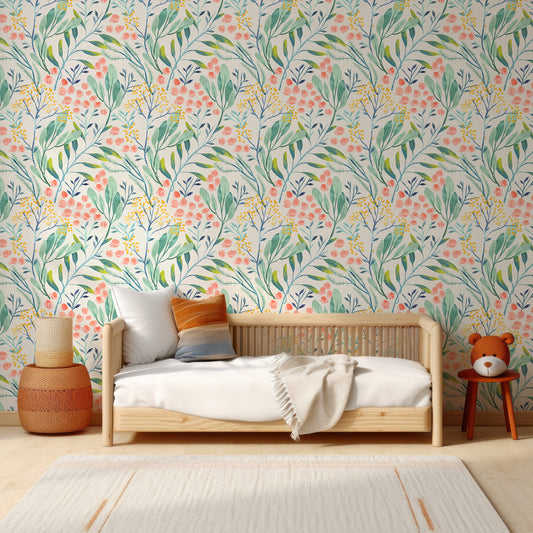 Tua Wallpaper In Child's Bedroom With Wooden Bed And White Bedding With Orange & Blue Interior