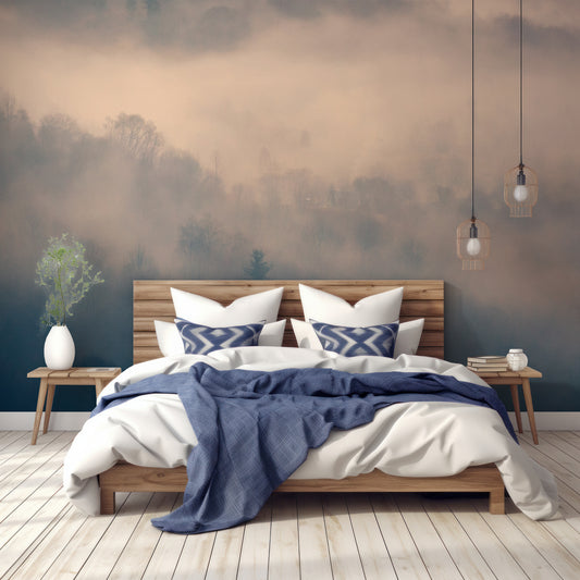 Twilight Mist Retreat Wallpaper In Bedroom With Wooden Bed With Navy And White Bedding