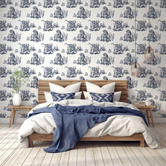 Tyger Wallpaper In Bedroom With Wooden Bed With Navy And White Bedding