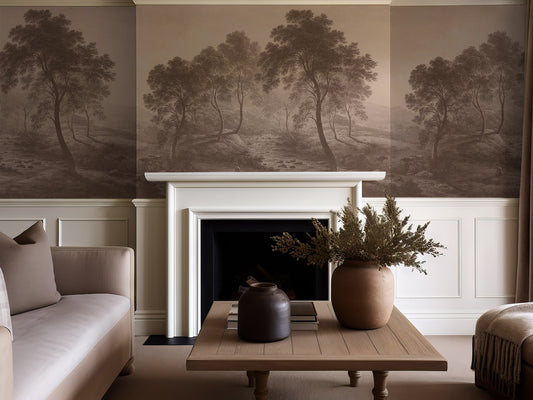 Living room with a fireplace and decorative wall art