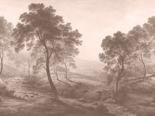 Umber Hudson Wallpaper Landscape with trees and a path in a misty setting