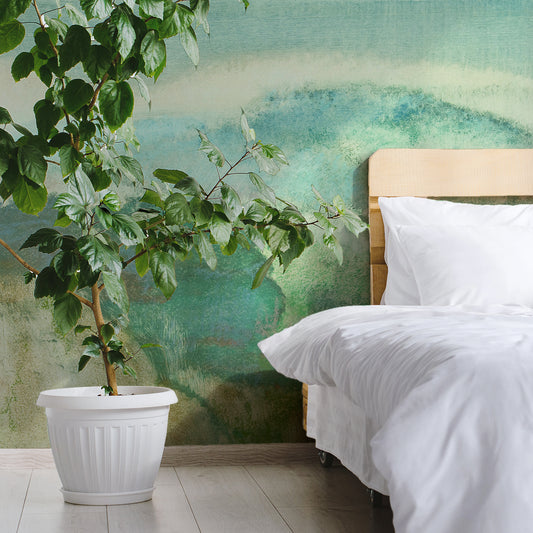 Verdant Mystique Wallpaper In Bedroom With White Bed & Large Green Plant In White Plant Pot
