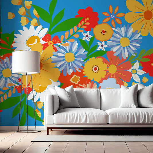 Vibrant Blooms Wallpaper In Living Room With White Sofa