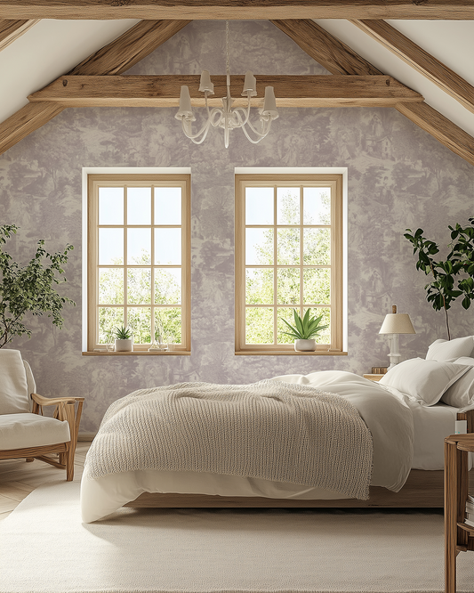 Cozy bedroom with Victoria wallpaper with wooden beams, and a bed with white bedding.