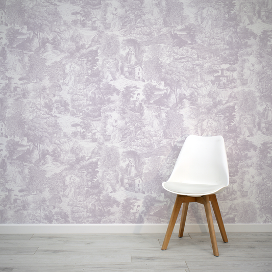 White chair against Victoria Wallpaper toile pattern 