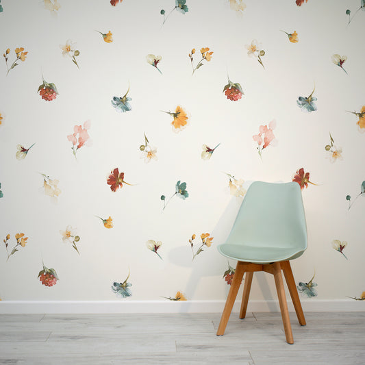 Watercolour Blossom Medley Wallpaper In Room With Lime Green Chair