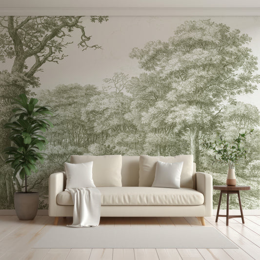 Waterloo Woods Green - English Etched Green Countryside Wallpaper Mural