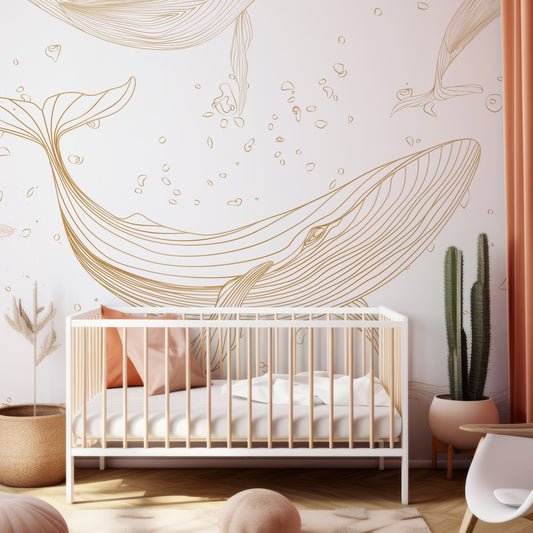 Whale Drift In Child's Bedroom With Peach Pillows And Beige Plants
