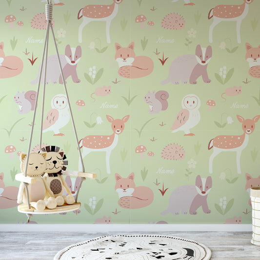 Whimsical Woodland Friends Leaf in children's bedroom with hanging seat with toy cat and lion on the seat
