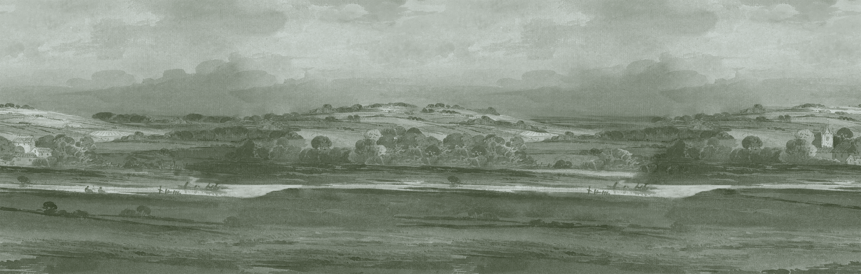 Vintage landscape print with rolling hills and a distant mountain under a cloudy sky.