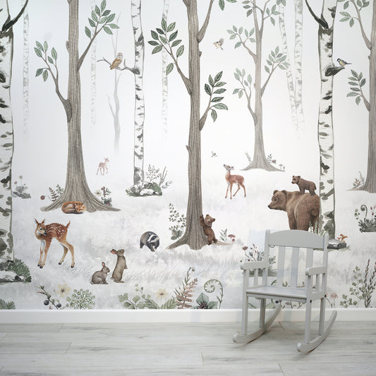 White Forest Wallpaper Mural In Room With Grey Chair