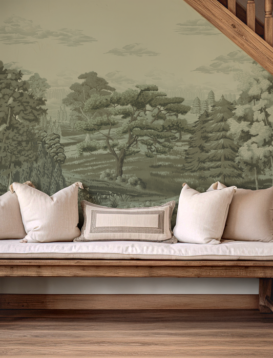 Wooden bench with cushions against a wall with scenic wallpaper