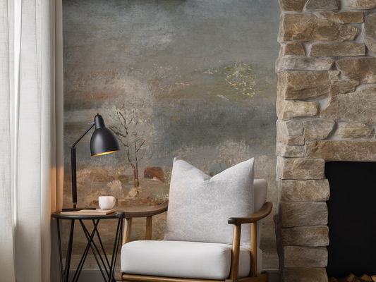 Cozy living room with a white armchair, side table, and stone fireplace.