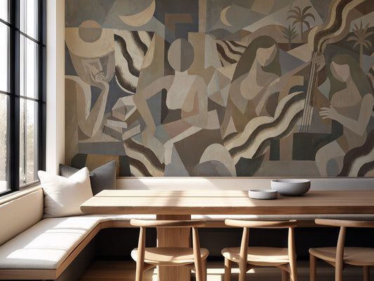 Dining area with a large abstract mural on the wall