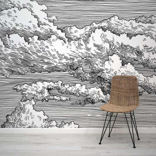 Abut Black & White Cloud Etching Wall Mural by WallpaperMural.com