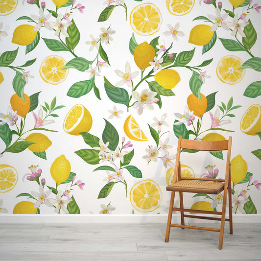 Yellow Lemon & Green Leaf Floral Wall Mural by WallpaperMural.com