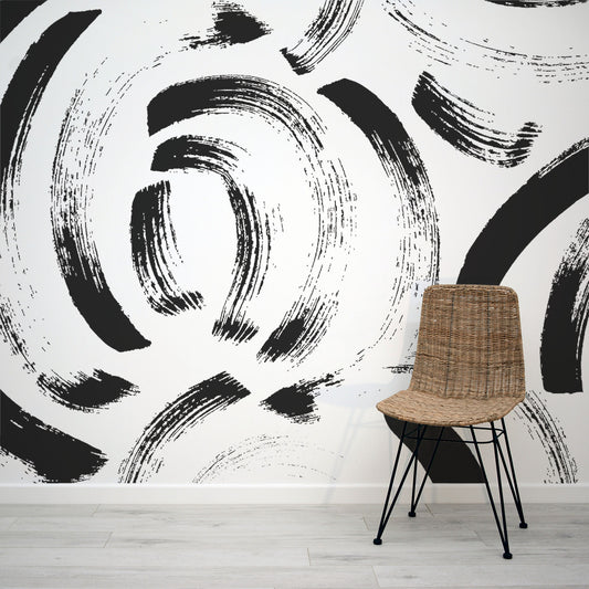 Black and white abstract modern brushstroke wall mural by WallpaperMural.com