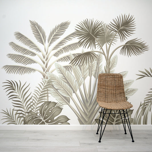 Brown neutral tropical palm leaves with jungle foliage Anizing wall mural by WallpaperMural.com