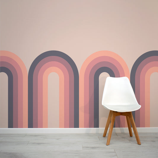 Archie Plum - Purple & Orange Repeat Arches Wallpaper Mural with White Chair