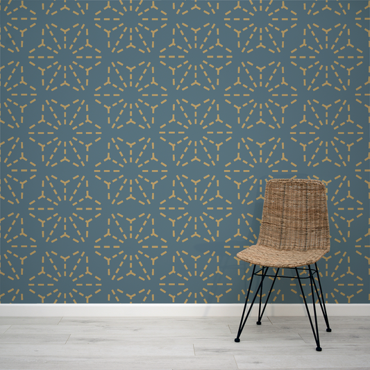 Asanoha Gold and Navy Japanese Pattern Wallpaper Mural with Rattan Chair