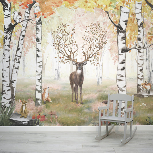 Antlers Autumn Watercolour Woods Children's Wallpaper Mural with Kid's Chair