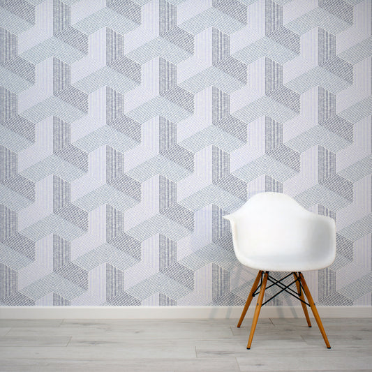 Azura - Blue-Grey Geometric Cubic Pattern Wallpaper Mural