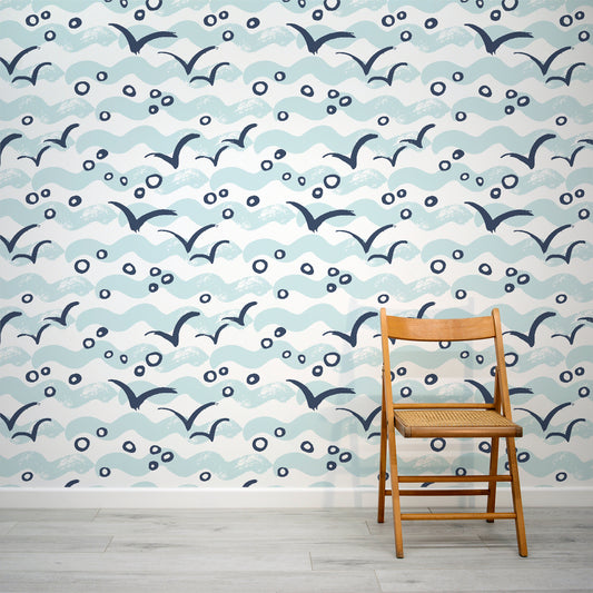 Abstract Waves & Birds Beetons Wallpaper Mural with Folding Chair