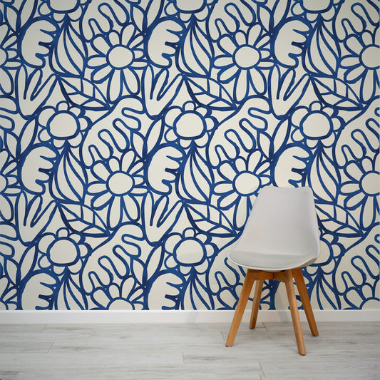 Bella - Blue & Light Beige Floral Doodle Wallpaper