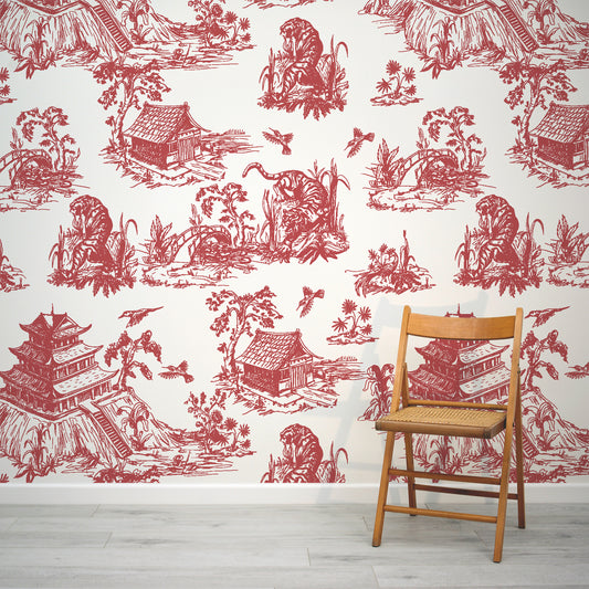 Red Etched Eastern Tigers Bilkons Wallpaper Mural with Folding Chair