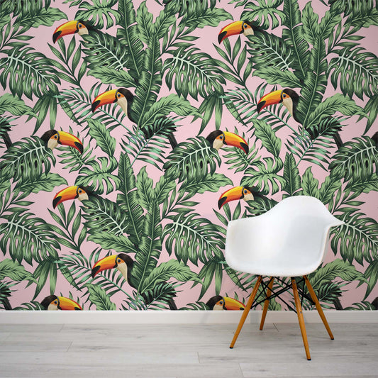 Pink and green tropical leaf and toucan wallpaper mural by WallpaperMural.com