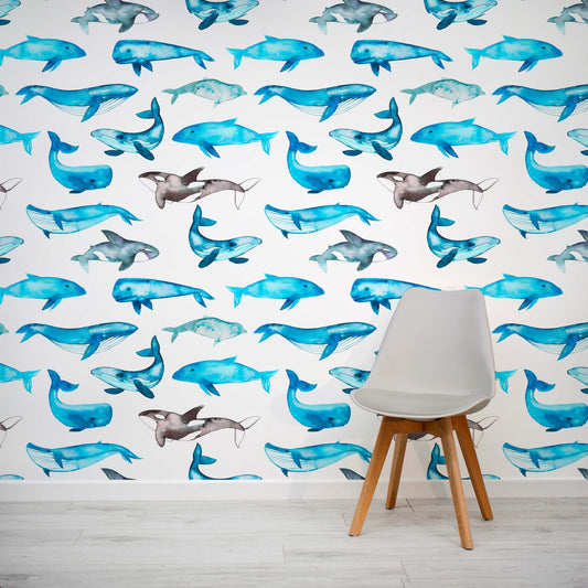Blue watercolour childrens whale wall mural by WallpaperMural.com