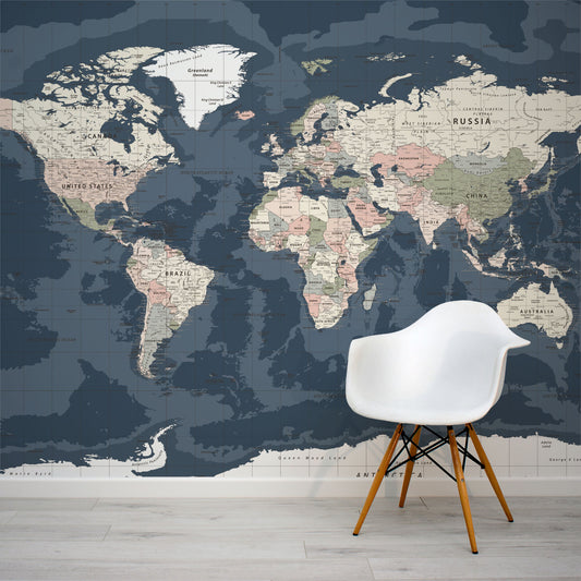 Blue World Map Dark - Dark Vintage World Map Wallpaper muurschildering