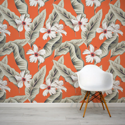 Bottlic - Hibiscus op Oranje Behang Muurschildering