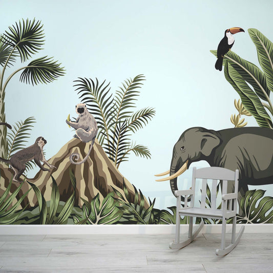 Burrans sky blue jungle safari elephant wallpaper mural by WallpaperMural.com